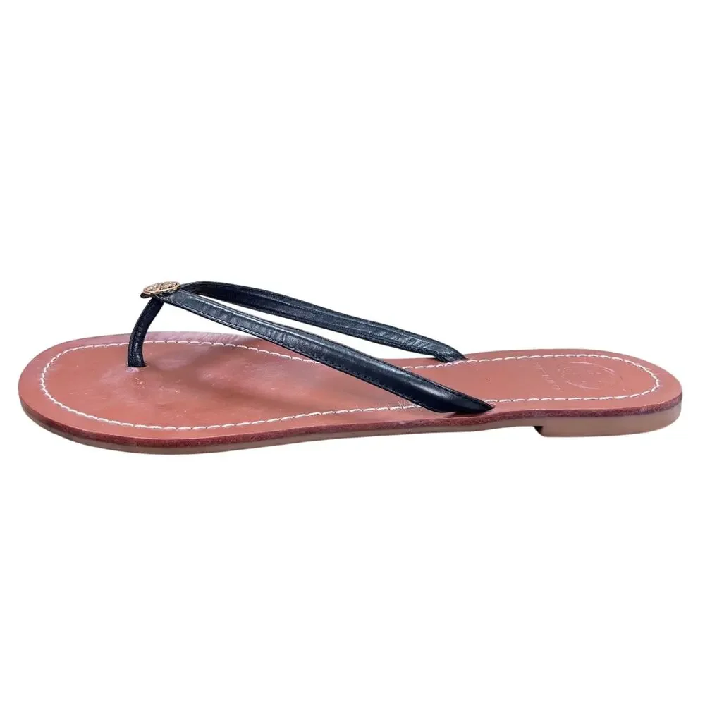 Tory Burch Charm Black Leather Flip Flop Strap  Sandals 8.5